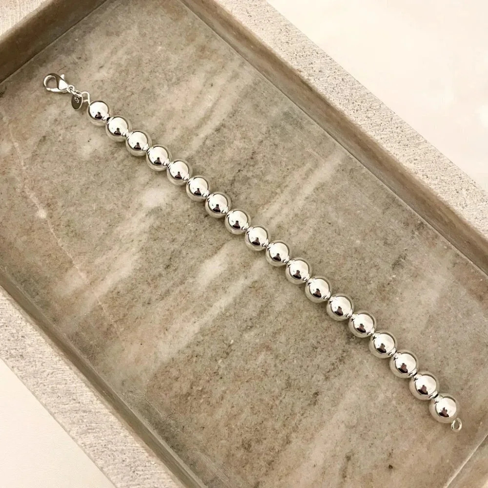 925 Sterling Silver Bead Bracelet 10 MM Ball Bracelet Large Round Bracelet - Picture 4 of 6